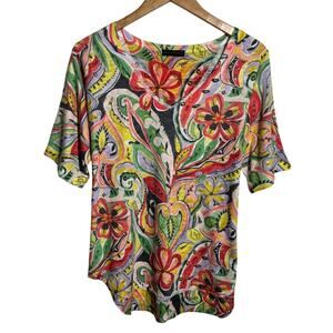 Nally & Millie Colorful Print Top Women L Novelty Art to Wear Spring Floral Prep